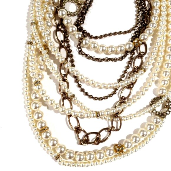 Chico's Layered Gold tone & Cream Beads Statement Necklace Fashion Jewelry - Picture 1 of 9